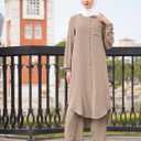 Abaya for Women Muslim Two Piece Set Long Sleeve Shirt Dress+ Pants Dubai Arabic Clothes Casual Spring Fall Outfit (Beige, S)