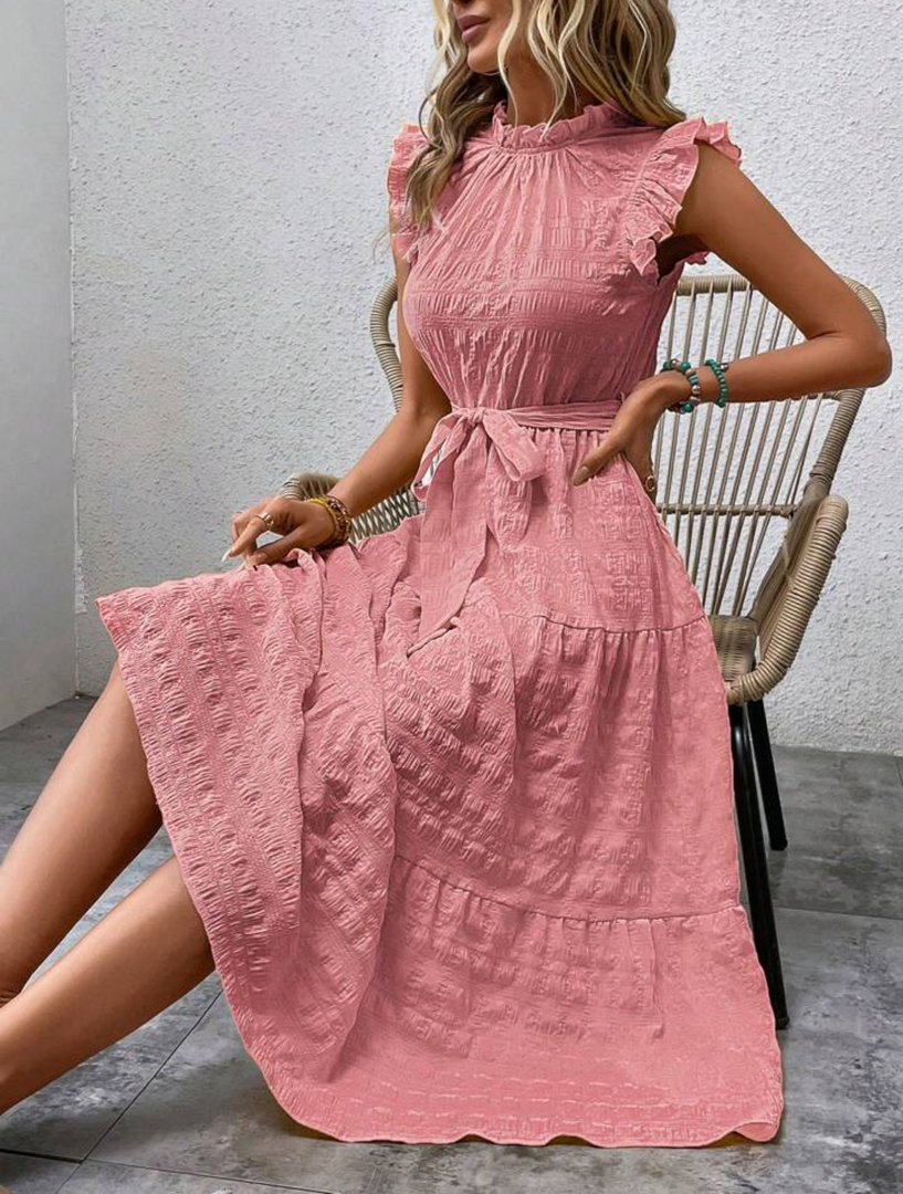 SHEIN LUNE Swiss Dot Ruffle Hem Belted Dress, SIZE M