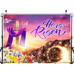 8X6FT Spring Easter Backdrop He is Risen Backdrop Photography Banner Background for Jesus Easter Spring Party Decorations DH-1108