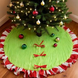 Christmas Tree Skirt, 36 Inch Large Green Faux Fur Christmas Tree Skirt with Peppermint Ruffle Trim, Faux Soft Thick Plush Round Mat for Merry Xmas Holiday Party Indoor Home Decorations