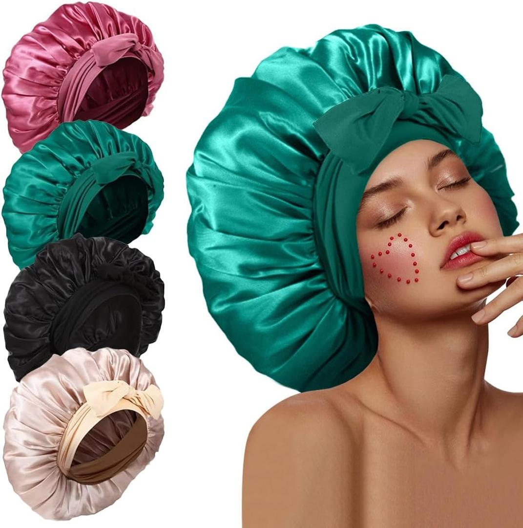 3Pcs Bonnets for Sleeping, Extra Satin Silk Bonnet for Sleeping Women with Tie Band for Curly Hair Jumbo Bonnet Braids (A12-Black+Champagne+Peacock Blue+Hunter Green)