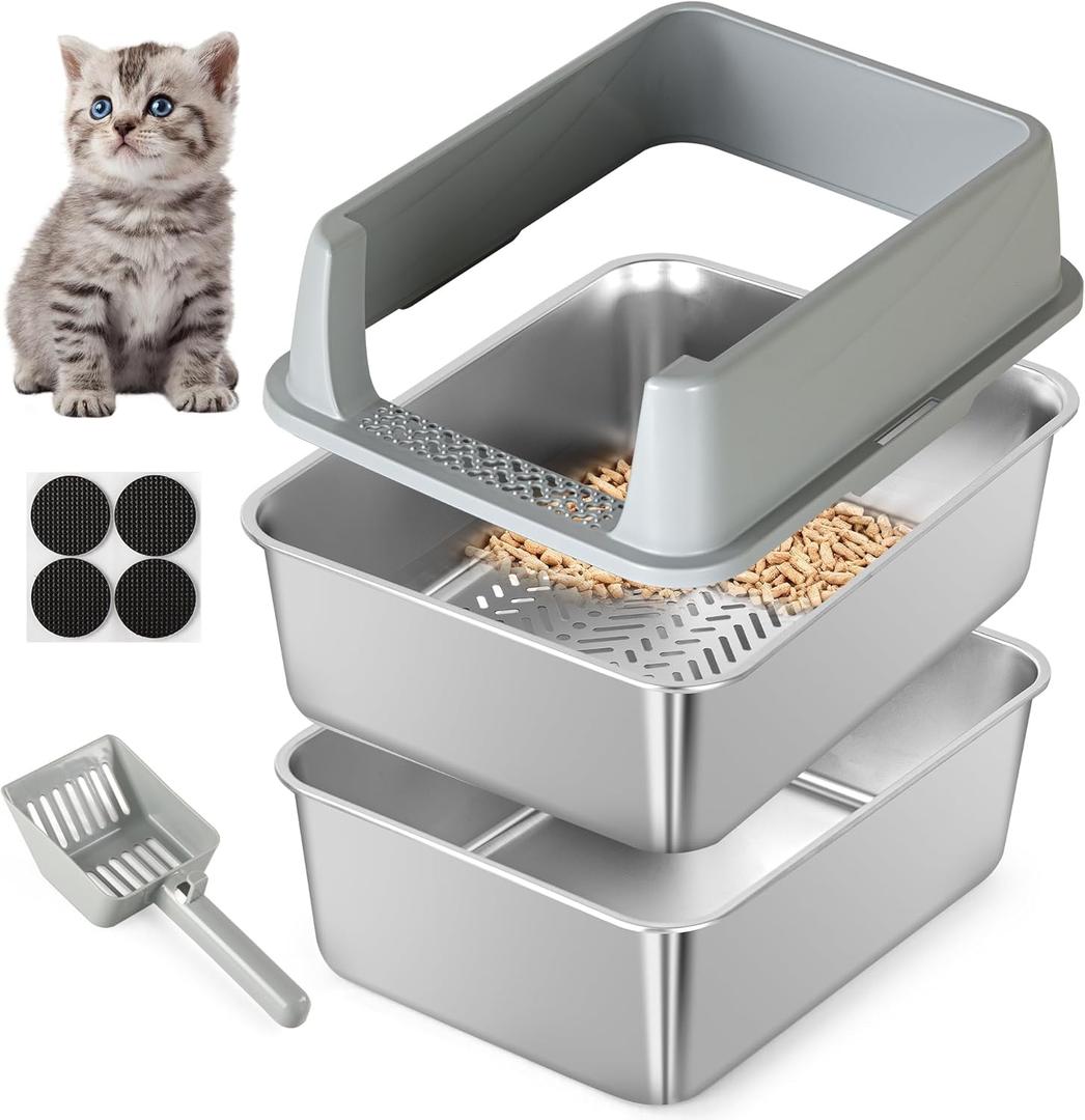 Stainless Steel Sifting Litter Box for Pine Pellets, Sifting Cat Litter Box with Sifter, High Side for Small Cats, Anti-Leakage, Odor Control, Includes Scooper, 17.7" x 13.8" x 11"