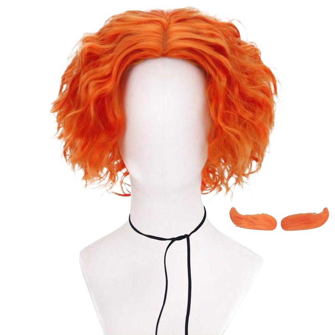 Short Afro Curly Mad Hatter Cosplay Wigs Halloween Party Costume for Women Men with Eyebrow(Light)