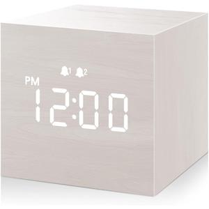 Digital Alarm Clock, with Wooden Electronic LED Time Display, 3 Alarm, 2.5-inch Cubic Small Mini Wood Made Electric Clocks for Bedroom, Bedside, Desk, White