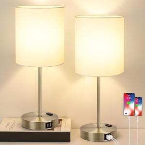 Set of 2 Touch Control Table Lamps with 2 USB & AC Outlet, 3-Way Dimmable Bedside Nightstand Lamps for Bedroom Living Room Nursery, 800 Lumens 5000K Daylight Bulbs Included (White & Brass(Base)-Two 3000K Bulbs)