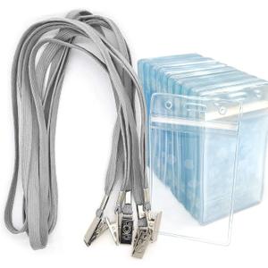 Bird Fiy Lanyards with Id Holder Badges Name Tags 50 Pack Lanyards with Bulldog Clip and 50 Pack Waterproof Clear Plastic Vertical Name Tag Badge ID Card Holders (Gray)