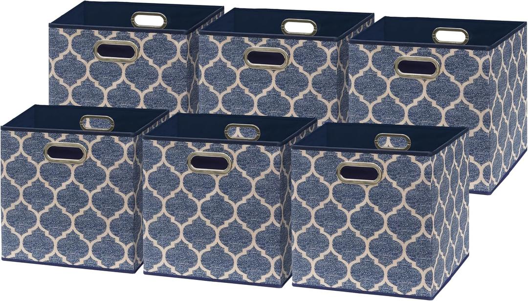 Simple Houseware 11-Inch Collapsible Fabric Cube Storage Bin with Handles, Printed Design, 6 Pack, Steel Blue