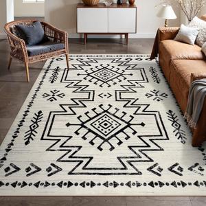 Lahome Moroccan Rug 8x10 for Living Room, Boho Soft Washable Area Rugs for Bedroom, Low Pile Western Carpet for Dining Room Table, Distressed Aztec Carpets for Office Home Decor (Ivory)