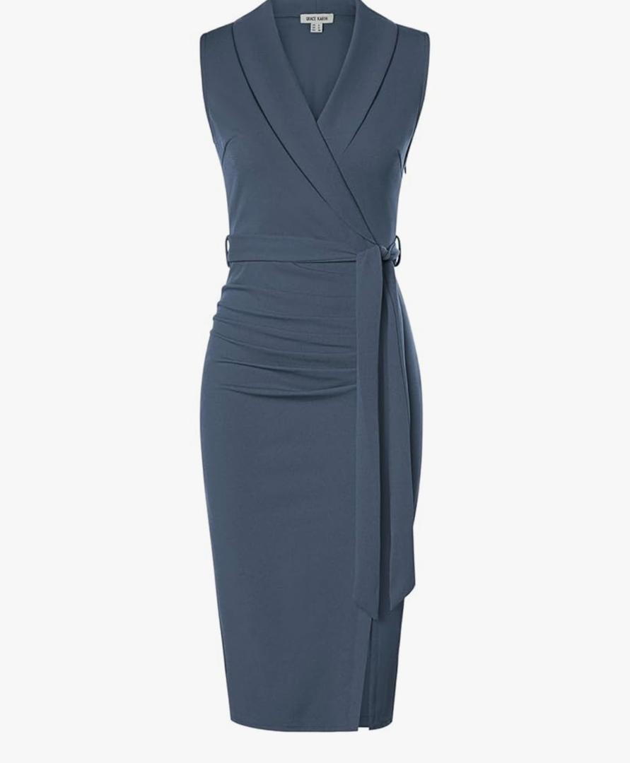 GRACE KARIN Women's Wear to Work Sleeveless Ruched Bodycon Office Pencil Midi Dresses with Belt Size 6
