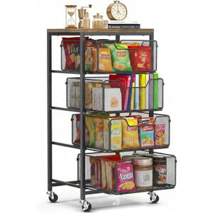 Rolling Cart with Drawers, 4-Tier Utility Cart Storage Organizer with Lockable Wheels, Metal Craft Storage Cart with Wooden Top for Kitchen, Bathroom, School, Studio, Office, Bedroom, Black