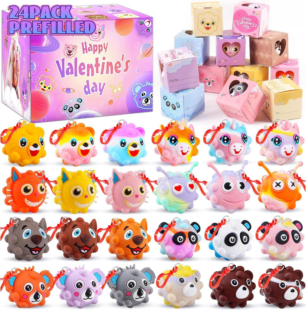 Valentines Day Gifts for Kids, 24 Pack Prefilled Valentines Box with 3D Animal Pop Balls, Valentines Party Favors School Classroom, Valentines for Class, Valentines Exchange Gifts for Boys Girls