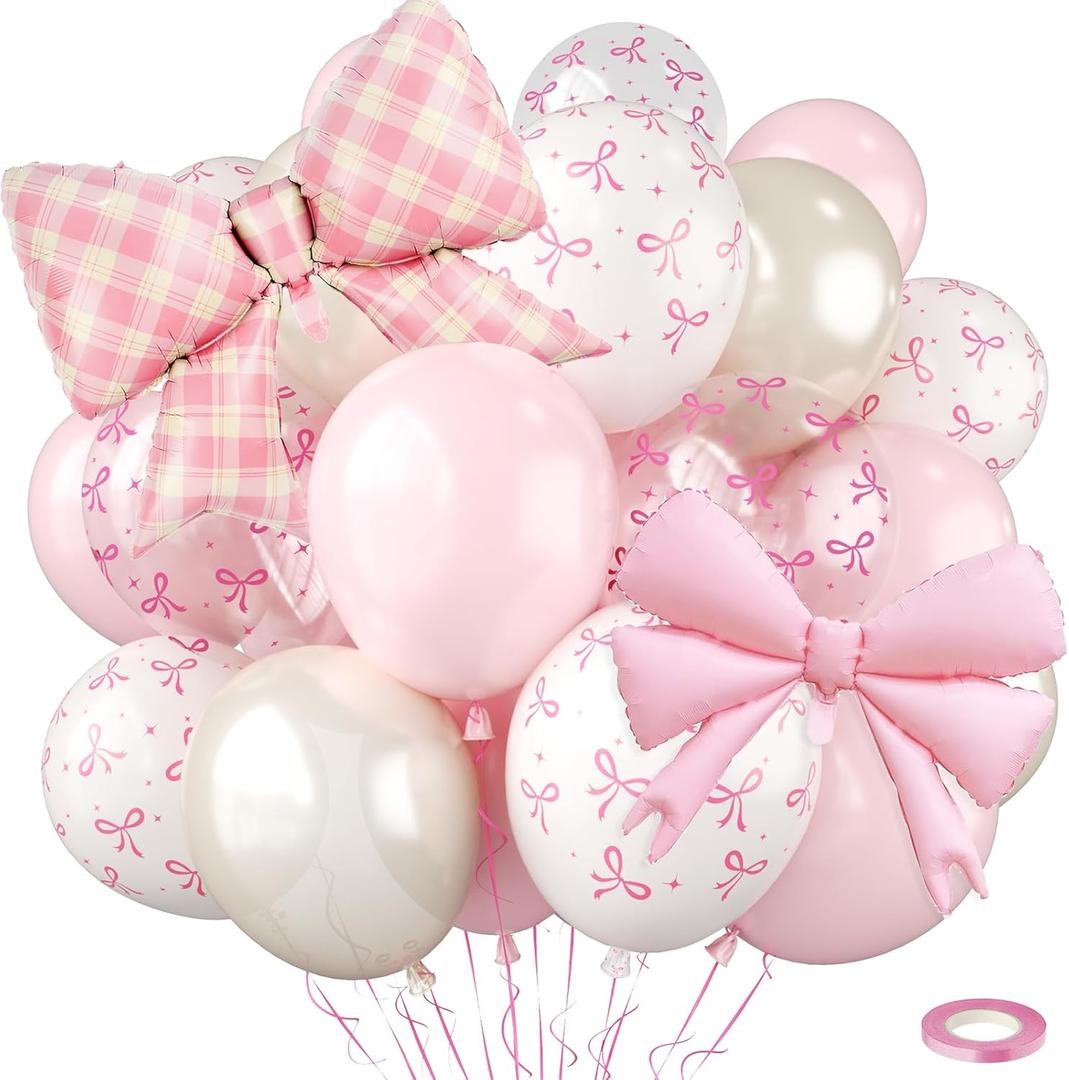 Bow Balloons,Light Baby Pink White Balloon with Bow Foil Balloon,for Women Birthday Party Bachelorette Bridal Engagement Coquette Theme Wedding Anniversary Supplies