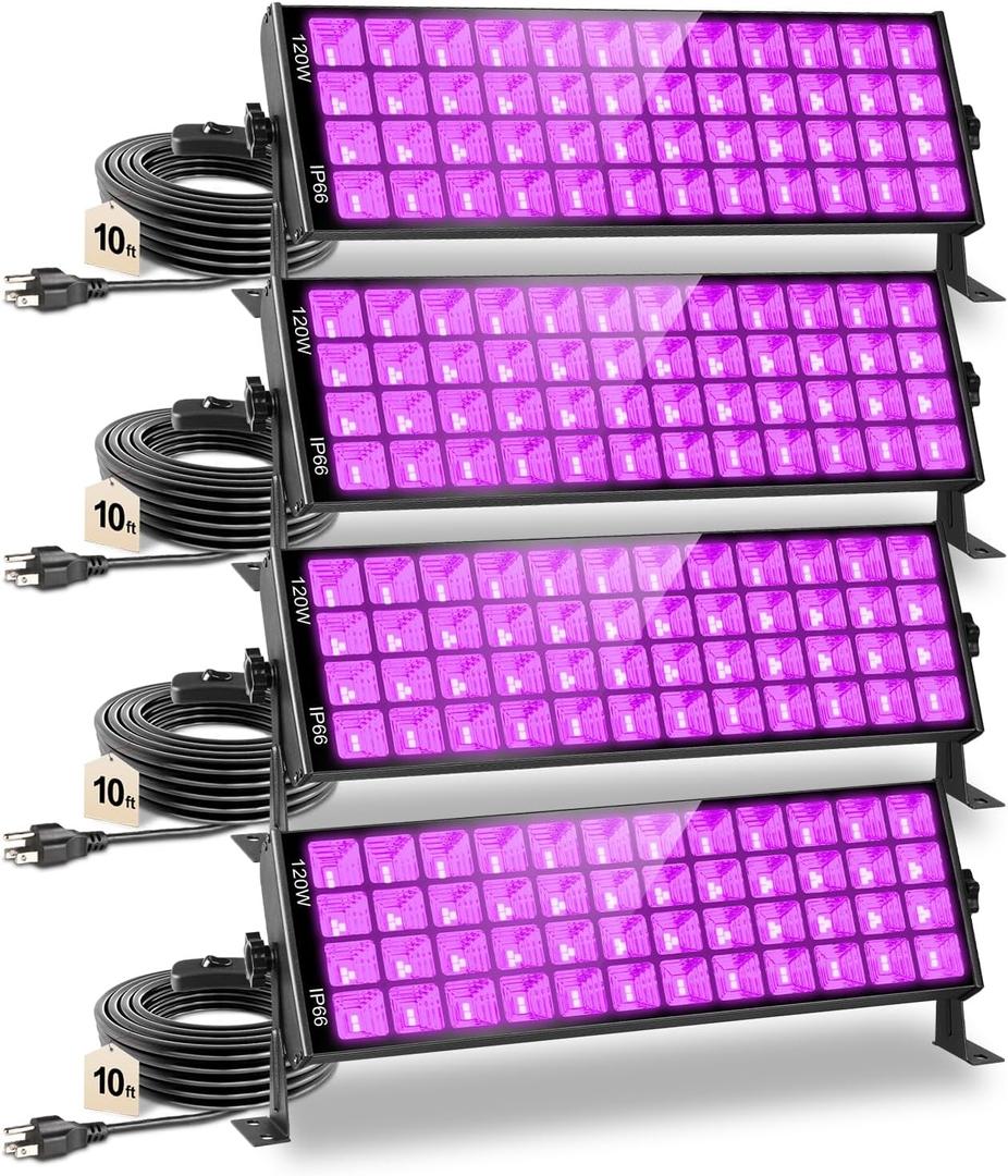 120W Waterproof LED Black Lights, 4 Pack Black Light Bar with 10Ft Cable and On/Off Switch, IP66 Indoor/Outdoor Blacklight for Neon Glow Party, Body Paint, Fluorescent Reactive, Back Yard