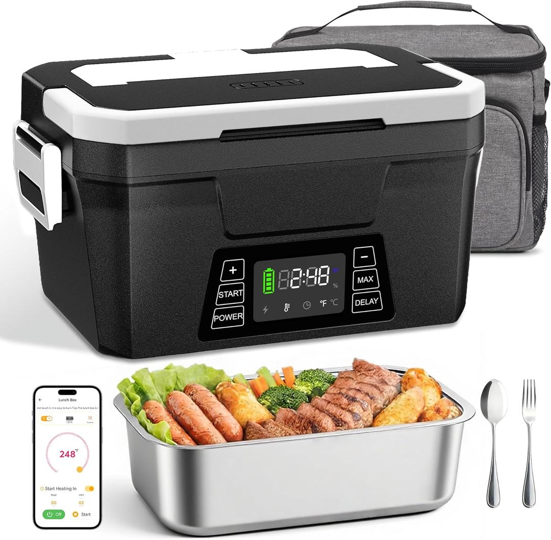 Vabaso Cordless Electric Lunch Box for Adults, App Control Heated Lunch Box with 27000mAh Detachable Battery, 1.2L Self Heating Lunchbox with Timer, Memory & Auto Keep Warm for Work Travel Outdoor (Black)
