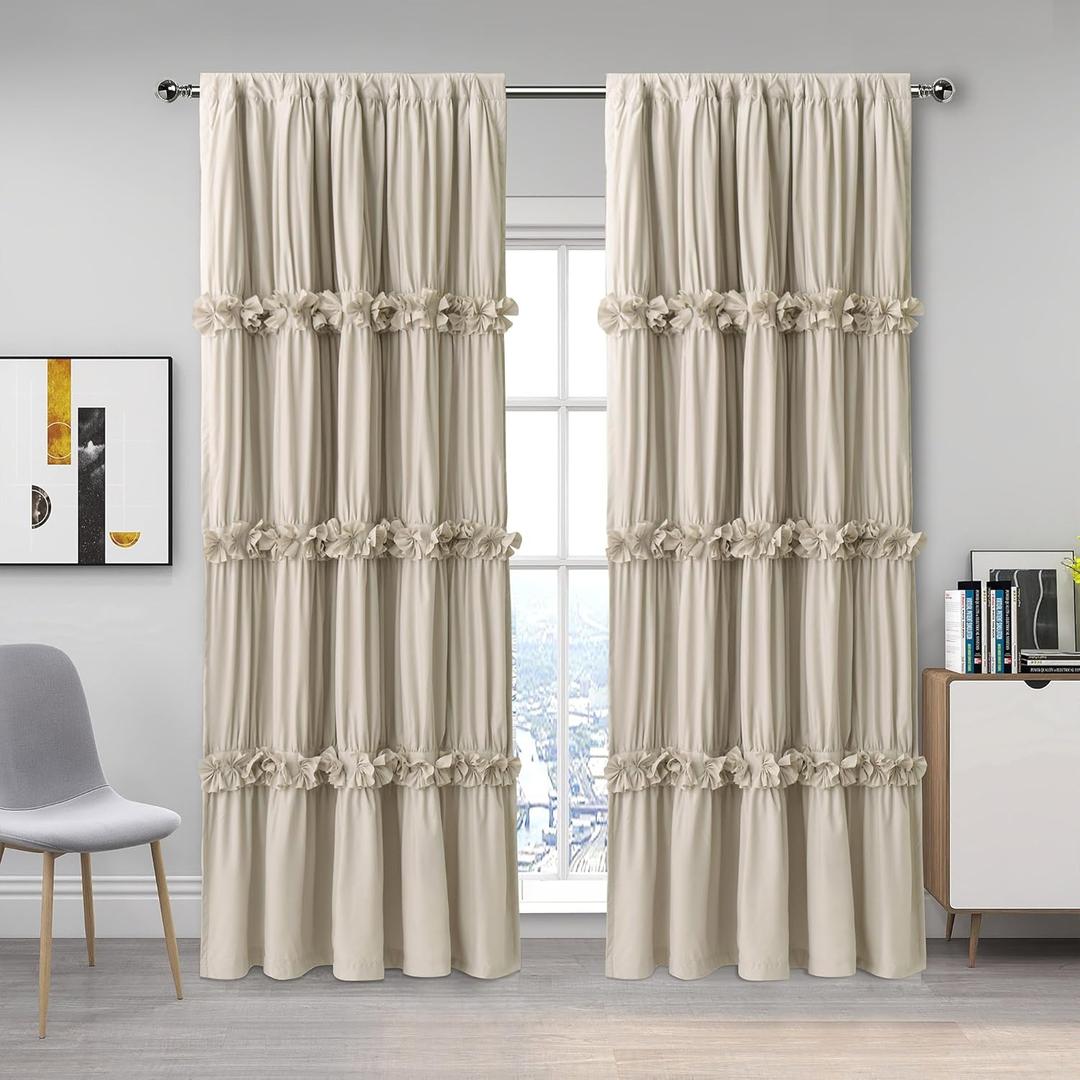 Thermal Insulated Blackout Window Curtains, 52" W x 96" L x 2 Panels, Boho Ruched Window Treatments with 3 Rows of Butterfly Flowers, Rustic Rod Pocket Drapes for Room, Camel (LQ-30)
