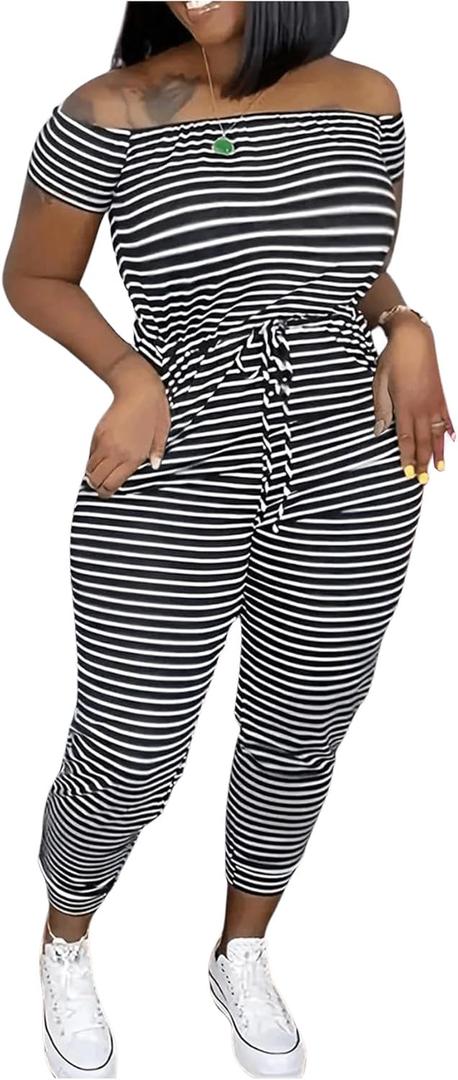 WDIRARA Women's Striped Off Shoulder Drawstring Tie Front Short Sleeve Casual Jumpsuit Pants (X-Large, Black and White)