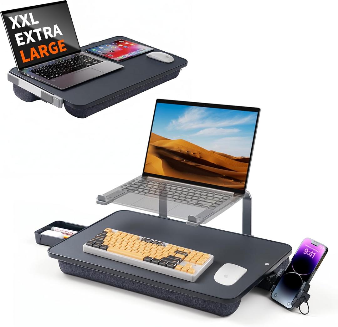 Large Adults Lap Desk for Laptop with Phone Holder & Storage Drawer Laptop Stand for Bed Fits up to 17" Laptops & MacBook, Pillow Lap Desks for Adults with Cushion for Bed & Couch, Black, 20.4*12.5 inch