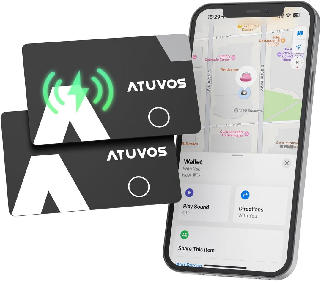 2025 New [Apple MFi Certified] ATUVOS Rechargeable Wallet Tracker Card, Slim 1.6mm Wallet Card Tracker Tag Works with Apple Find My (iOS Only), Item Locator for Luggage Tags, IP67 Waterproof, 2 Pack