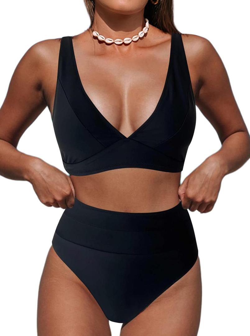 Hilinker Women's Leopard Bikini Swimsuits V Neck High Waisted 2 Piece Bathing Suits (as1, alpha, m, regular, regular, All Black)