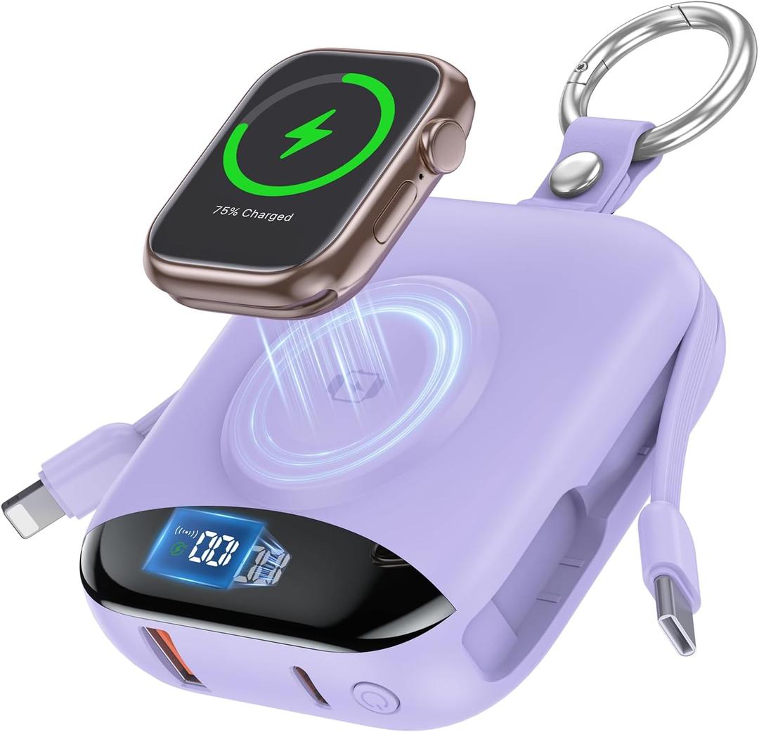 Portable Charger, 10000mAh 22.5W Fast Charging Power Bank with Built-in Cables, Travel Essentials Battery Pack with LED Display for iPhone, Portable iWatch Charger for 11/10/9/8/7/6/5/SE/Ultra Purple