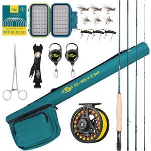 SF Fly Fishing Rod Combo Starter Kit Semi Gloss Green Jade Finish 24T Carbon Fiber Trout Travel Fly Rod with Reel,Fly Rod case,Fly Box , Flies,Tapered Leader,Knot Tying Tools, 9', 5wt, 4sec, M.F