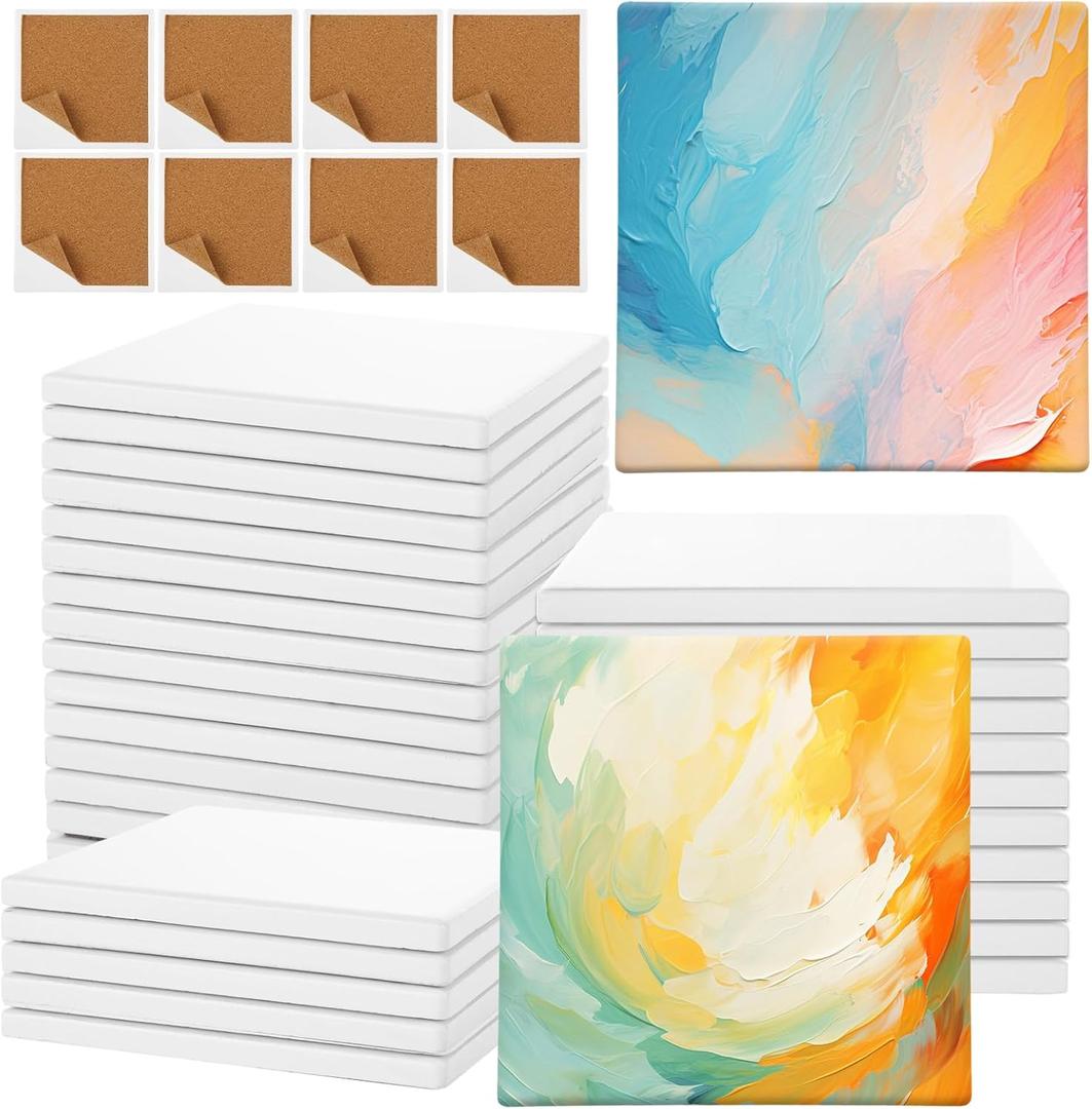 25 Set Ceramic Tile for Crafts Coasters, 4"x4" Sublimation Ceramic Coasters with Cork Backing Pads, Ready-to-Paint Ceramic Tile for Painting, Alcohol Ink, Acrylic Pouring and DIY (White)
