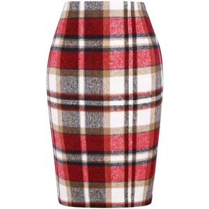 IDEALSANXUN Plaid Skirts for Women Fall Winter Knee Length Pencil Wool Skirt with Slit (Large, Wine)