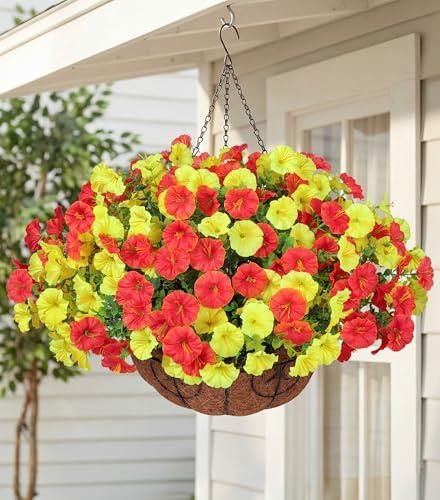 Artificial Fake Hanging Flowers Basket for Outdoors Spring Decoration, 12 Bundles Faux Silk Morning Glory Plants for Outdoor Planters Realistic UV Resistant Artificial Flowers for Outside Porch Garden