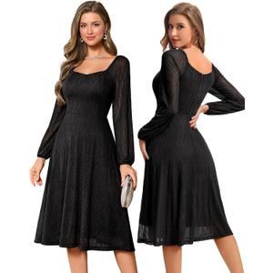 Bbonlinedress Formal Wedding Guest Dress Square Neck Lace Cocktail Dress Bridesmaid Long Sleeve A-Line Midi Tea Prom Gown (Black, L)
