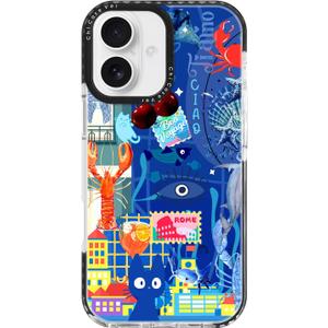 for iPhone 16 Plus Case Travel Adventure Collage Pattern Military Grade Drop Protection Voyage Slim TPU Cover with Camera Protection for Women Girls Travel Lovers (BlueRome)