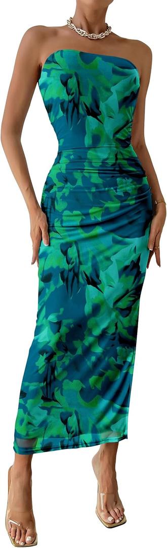 PRETTYGARDEN Women's Summer Wedding Guest Dress Strapless Tube Top Maxi Bodycon Long Floral Mesh Beach Vacation Party Dresses (Medium, Green Big Floral)
