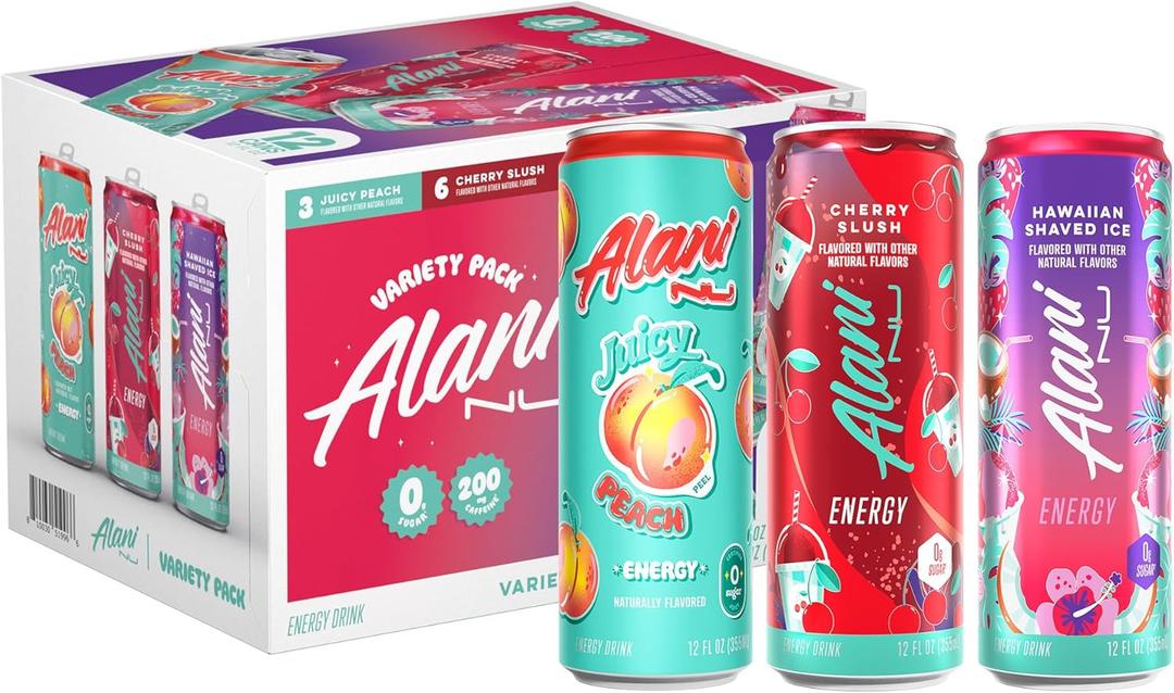 Alani Nu VARIETY PACK CHERRY SLUSH, JUICY PEACH, HAWAIIAN SHAVED ICE Sugar Free, Low Calorie Energy Drinks, 200mg Caffeine, Biotin B Vitamins, Zero Sugar, 10 Calories, 12 Fl Oz Cans, 12 Pack