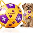 Size 2 Dog Soccer Ball with Straps Durable Training Ball for Pets Interactive Outdoor Dog Toy,Yellow & Purple, Paw and Puppy Design, for Small & Medium Puppie