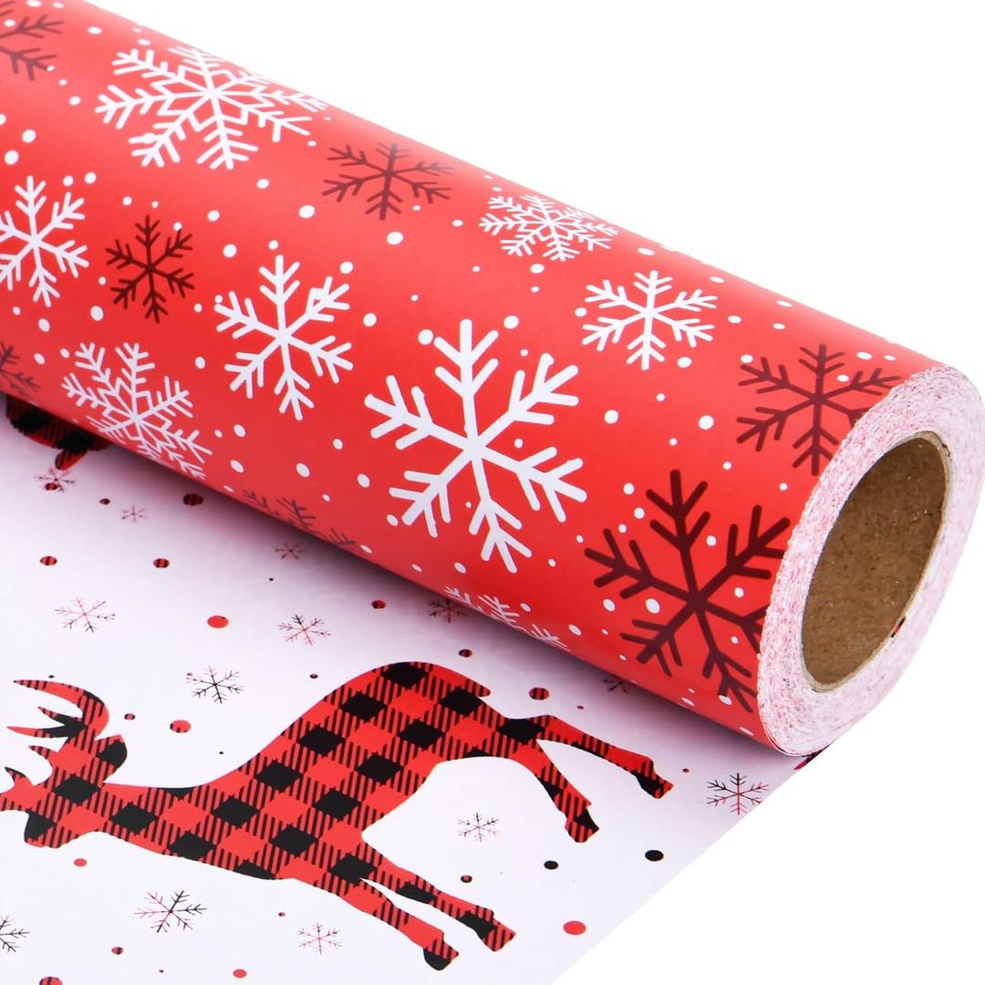Linelglobal Christmas Wrapping Paper Long Roll Vantage Christmas Tree, Reversible Roll Two Side Wrapping Paper 30x390 Inch - Deer Plaid