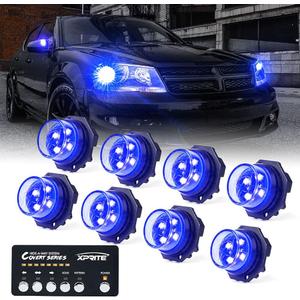 Xprite Blue LED Hideaway Strobe Police Lights Kit, 20 Flashing w/Control Panel Headlights Taillights Mounting, Hazard Warning for Emergency POV Vehicles Volunteer Cars Trucks SUV 8PCS