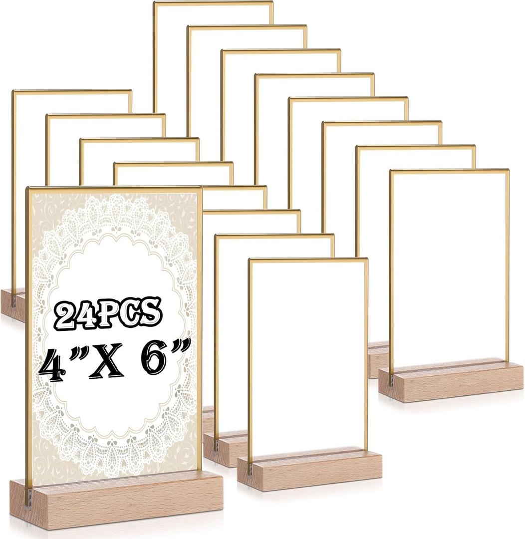 Vinsot 24 Pack 4x6 Inch Gold Acrylic Sign with Base T Shape Sign Holder Vertical Blank Stands Desktop Display Plastic Menu Frame Double Sided Stand for Wedding Restaurant Party Decor