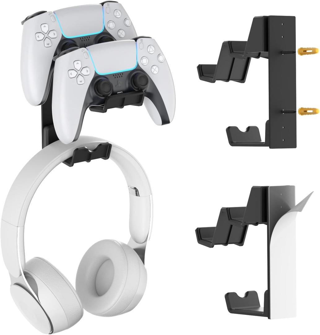 KDD Dual Controller & Headphone Holder Stand Wall Mount - Gaming Headset Hanger with Adhesive or Screws Install for Xbox Series X/S, PS5/4/3, Switch, STEAM, Universal PC Gamepad Accessories