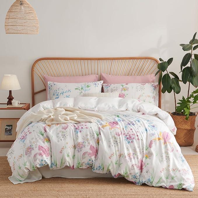Floral Duvet Cover Set Queen Size Pink Purple Flower Bedding Set with Zipper Closure Reversible Flower Botanical Pattern Soft Microfiber Comforter Cover Set for Girls Women with 2 Pillowcases