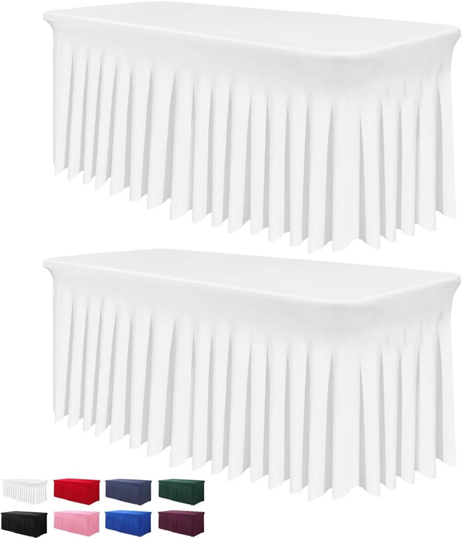 BDDC Table Skirts for Rectangle Tables 6ft - 2 Pack One-Piece White Tablecloths and Skirt, Wrinkle Resistant Ruffles Elastic Cover for Banquets, Weddings, Events, Parties