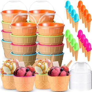 Teenyyou 48 Pcs Ice Cream Bowl Set Includes Plastic Ice Cream Bowls with Spoons and Lids 6-8 oz Reusable Frozen Yogurt Bowls Party Favors for Summer Holiday Sundae Birthday Bar Supplies(4 Colors)