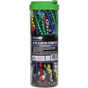 Grip 12 pc Elastic Strap Tie Down Set - 8", 18", 24", 30", 36" - Quick Load Binding - Secure Tarps/Canopies - Vinyl Coated Steel Hooks and Woven Polyester - Home, Garage, Workshop