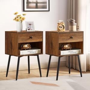 VECELO Nightstands Set of 2, Mid Century Modern End Bedside Table, Night Stand with Storage Drawer and 2 Tiers Open Shelf for Small Place, Bedroom, Living Room, Easy Assembly, Rustic Brown