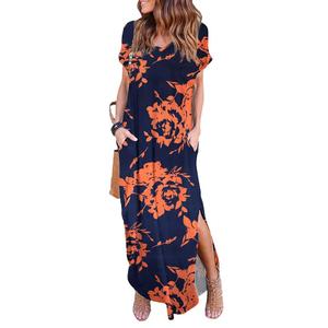 Arolina Women's Summer Maxi Dress Short Sleeve V Neck Casual Loose Long Beach Split Dresses with Pockets, Bluegold Flower, Size L