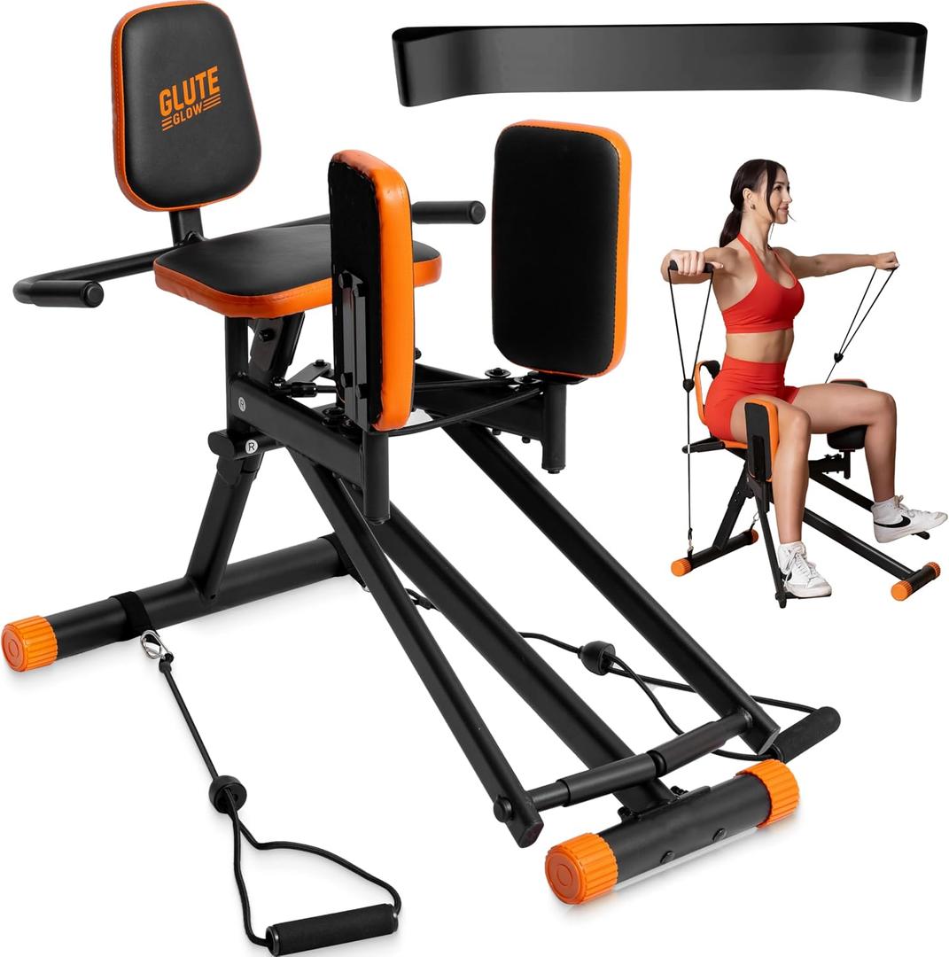Glute Glow Hip Abductor Machine for Home Gym - USA Based - Booty Builder & Booty Trainer for Women 3 Resistance Levels Bonus Arm Bands, Thigh Workout Glute Workout Equipment & Glute Machine