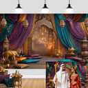 7x5ft Arabian Moroccan Nights Party Photography Backdrop, Moroccan Nights Purple Blue Curtain Lamp Luxurious Princess Wedding Birthday Baby Shower Party Background Decorations Photo Studio Props