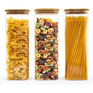 Glass Pasta Storage Jars Square 73oz, 3 Pack Glass Jars With Bamboo Lids, Tall Kitchen Storage Containers For Pasta, Storage For Pantry Organizers