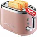 Mueller Retro Toaster 2 Slice with 7 Browning Levels and 3 Functions: Reheat, Defrost & Cancel, Stainless Steel Features, Removable Crumb Tray, Under Base Cord Storage, Pink