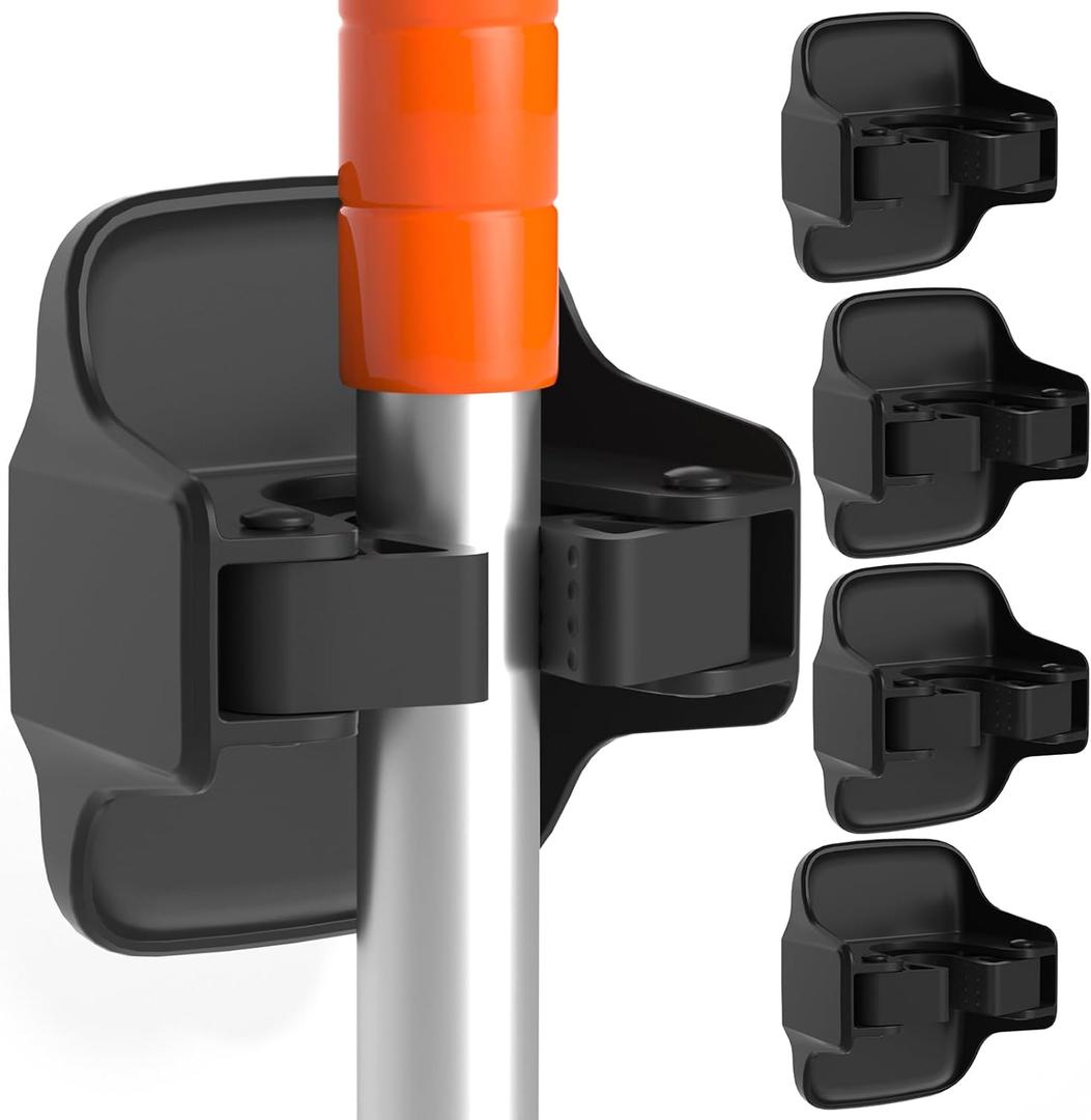 reliahom 5 Pack Broom Holder Wall Mount Mop Grippers No Drilling Self Adhesive Anti-Slip Mop Handle Hanger Dustpan and Broom Organizer Garage Storage Racks-Black