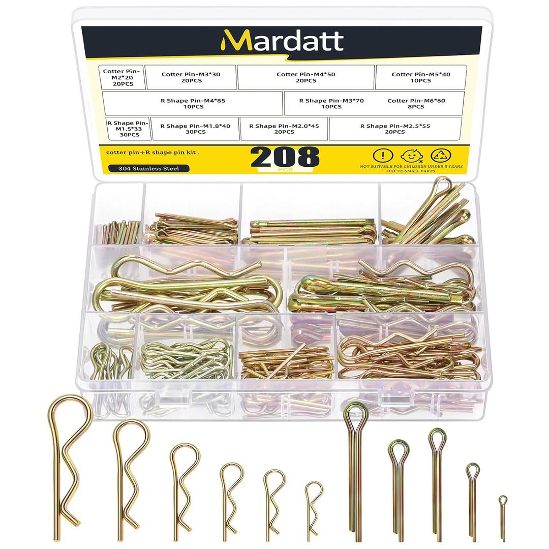 208Pcs Cotter Pin Hitch Pin Assortment Kit, Assorted Size Zinc Plated Steel Straight & R Pins, Hairpin R Clips Split Pin Fastener Clips Hardware Pins for Lawn Mowers, Trucks, Tractors