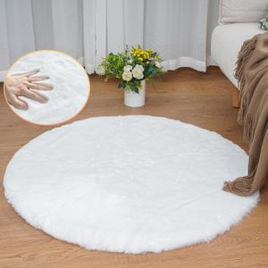 White Faux Rabbit Washable Fur Area Rugs Circle Rugs for Living Room Bedroom Teen Room Fluffy Area Rug 3ft Round Rug (3 FT Round)